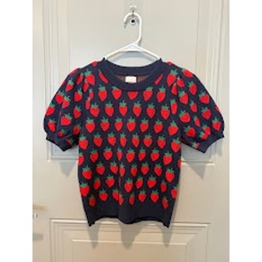 Anthropologie Maeve Maxine Short Sleeve Strawberry Sweater Size XS Red Navy